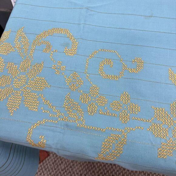 Vintage Blue Rectangular Dining Room Table Cloth w/ Gold Cross Stitch Flowers - Picture 8 of 11
